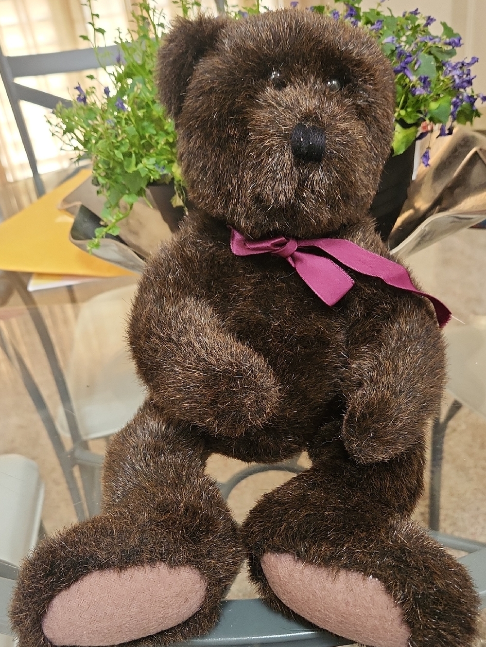 Plush Dark Brown Teddy Bear with Maroon Bow